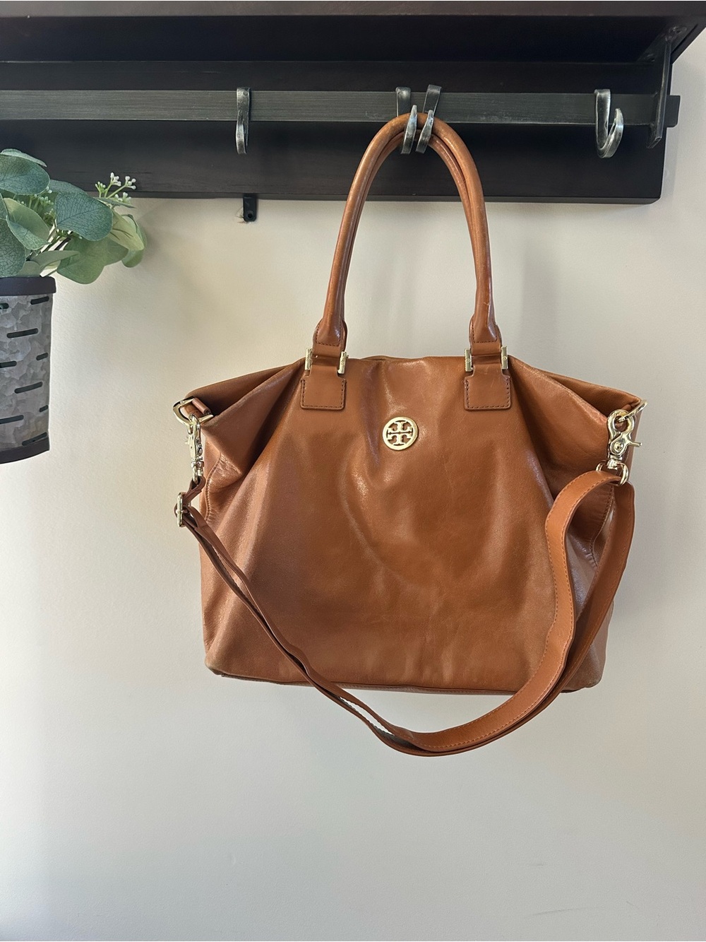 Tory Burch Cognac Leather Tote with Gold Logo